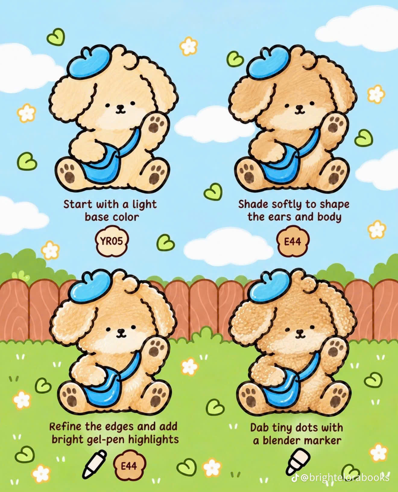 Step 1 (Fluffy Puppy Fur): Chú Chó Poodle Đội Mũ Beret Xanh