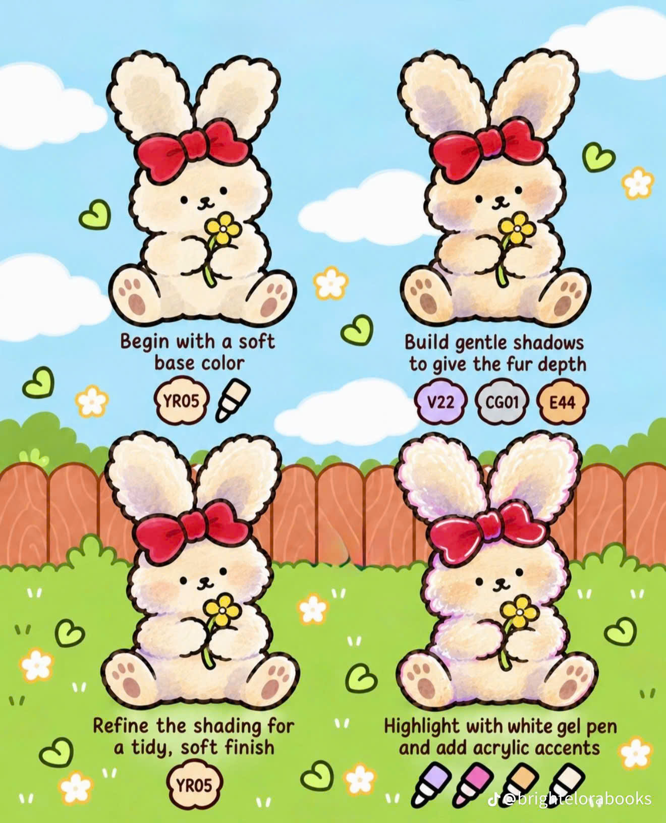 Step 4 (Soft Cream Bunny): Chú Thỏ Kem Đeo Nơ Đỏ Cầm Hoa